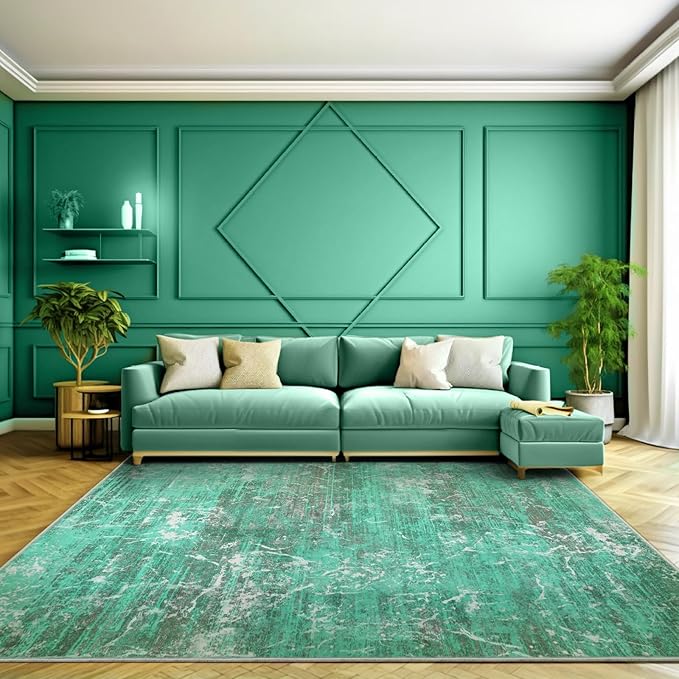Abstract Green 5x7 Area Rug, Modern Teal Throw Rugs for Living Room, Washable Soft Large Non-Slip Accent Carpet Floor Mat for Dining Room Office Bedroom - Turquoise