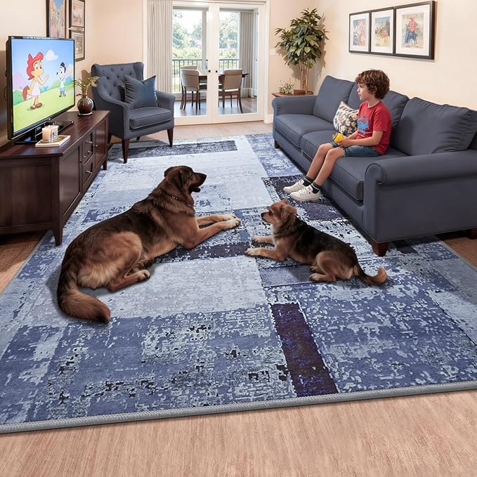LOCHAS Rug for Living Room, Washable Soft Area Rugs for Bedroom 8x10, Abstract Carpet for Indoor Office Kids Dining Room Nursery Floor, Blue Geometric Vintage Home Decor, Non Slip, Pet Child Friendly