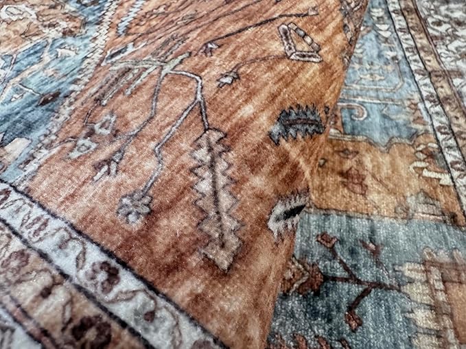 GLN Rugs Traditional Collection - Machine Washable Area Rug, Traditional Washable, Non Slip, Low Pile Chenille Rug, Living Room, Bedroom, Kitchen Rug (8' x 10' Terra/Multicolor)