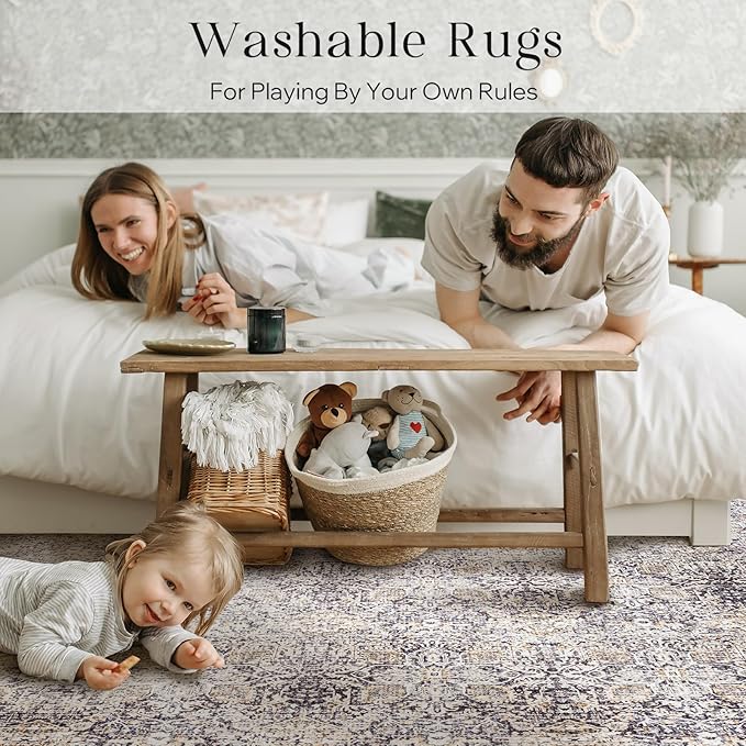 Phantoscope Washable Runner Rug 2'x10' Non-Slip, Vintage Neutral Hallway Rugs for Entryway, Stair, Bedroom, Distressed Boho Floral Medallion Pattern, Low-Pile Foldable Floor Carpet, Light Brown