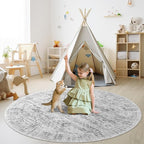 8x8 Grey Round Rug 8ft Living Room Circle Rug Vintage Round Area Rug Non Slip Indoor Carpet for Apartment