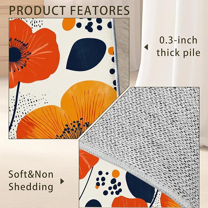 Boho Orange Flowers Autumn Carpet for Living Room, 3x5 Non-Slip Washable Low Pile Abstract Design Rug, Space Saving Area Rug for Bedroom, Dining Room