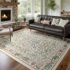 Beige Floral 5x7 Area Rugs for Living Room Large Washable Rug Vintage Forest Low Pile Non Slip Stain Resistance Soft Carpet for Dining Room, Bedroom, Office Rug, Kids Room, Nursery Room, Playroom