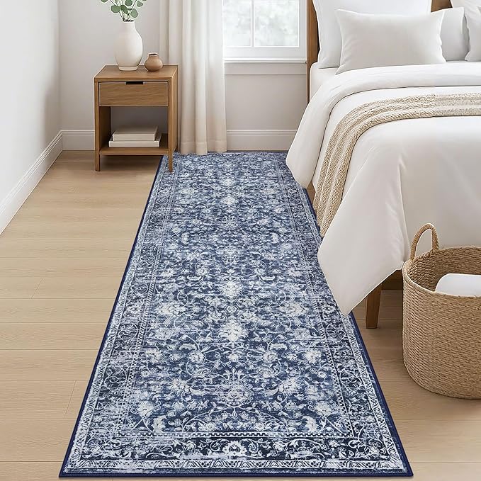 KILOCOCO Hallway Runner 2.6x8 Rug Runner Printed Vintage Floral Washable Kitchen Runners Non-Slip Rubber Backed Runners for Hallways Laundry Room Distressed Boho Rugs for Entryway Bedroom, Blue