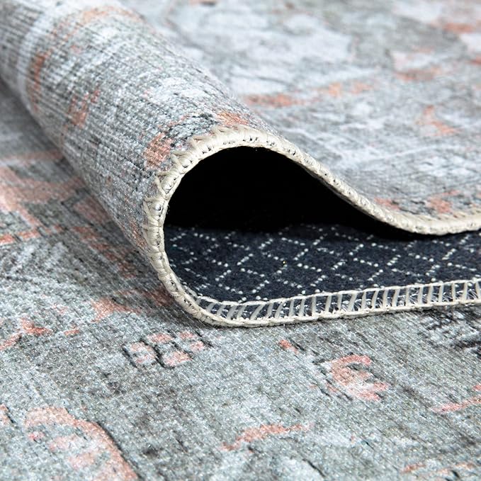 Bloom Rugs Washable Non-Slip 3' x 5' Rug - Gray/Coral Pink Traditional Area Rug for Living Room, Bedroom, Dining Room, and Kitchen - Exact Size: 3' x 5'
