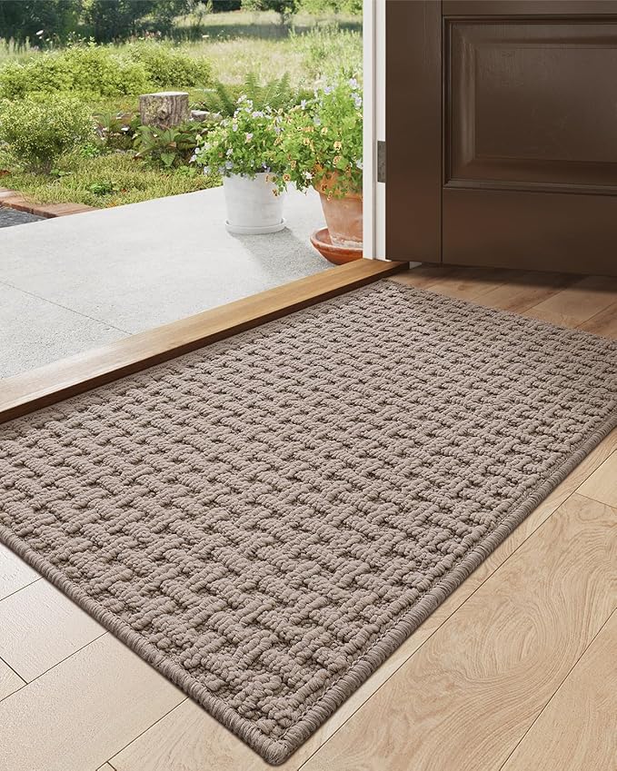 DEXI Front Entryway Door Mat Non Slip 17x30, Washable Entry Way Mats Inside Entrance Low Profile, Welcome Doormat Dirt Trapper for House Floor Home Porter Hall Backdoor Area, Light Taupe