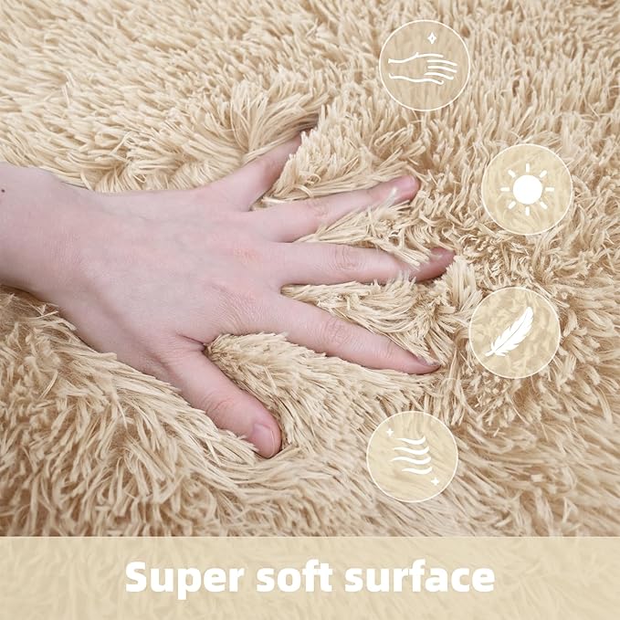 4x6 Solid Fluffy Camel Area Rug – Washable, Durable, Living Room Rug, Non-Slip High Pile Shag Rugs for Bedroom, Living Room, Bedside, Dorms, Nursery Rooms, Kids Room, Soft Indoor Floor Carpet