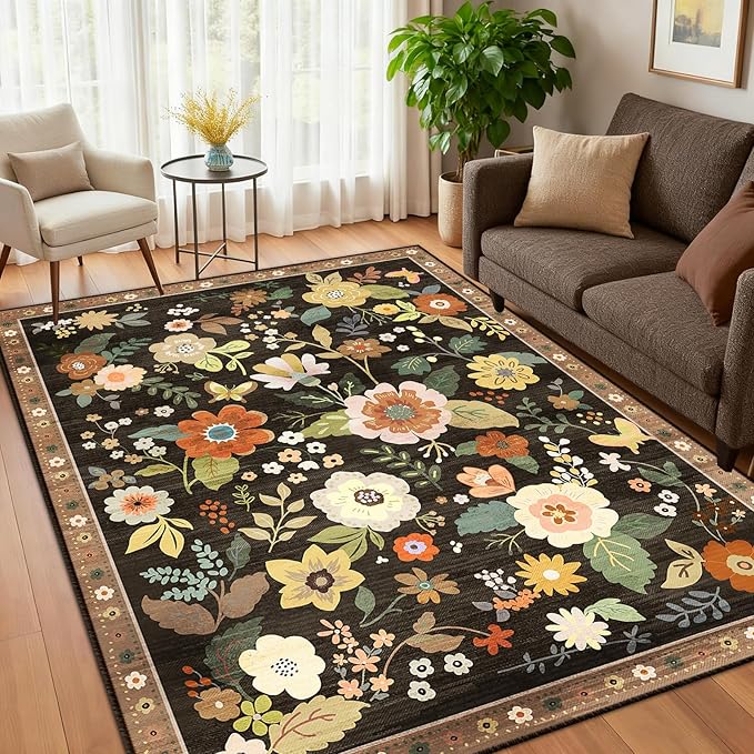 Floral 3x5 Area Rug Machine Washable Soft Print Boho Carpet Non Slip Doormat Low Pile Flower Area Rugs for Living Room Bedroom Nursery Kitchen Dining Room Indoor-Black/Yellow/Red