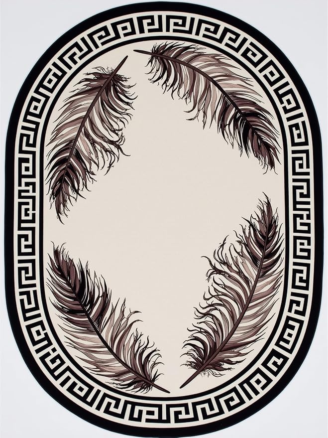 Light Beige Tan Black Greek Key Pattern Bordered Large Rugs for Living Room Bedroom Dining Room Machine Washable Non Skid Soft Area Rug 6x8 Nursery Dorm Guestroom Minimalist Oval Floor Mats Carpet