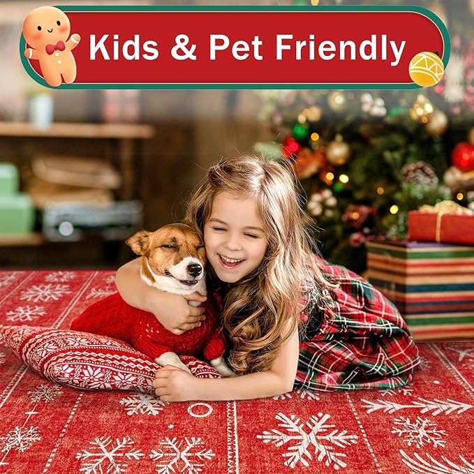 Christmas Area Rug 6x9 Living Room Rugs, Machine Washable Boho Christmas Tree Snowflake Rug Non-Slip Soft Low Pile Holiday Indoor Rugs for Bedroom Kitchen Dining Room Office(Xmas Red, 6'x9')