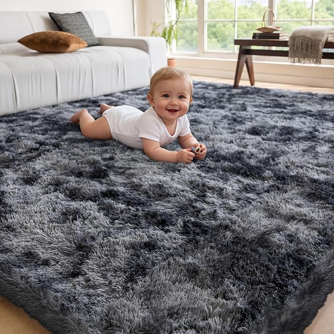 5x7 Area Rugs for Living Room Bedroom, Soft Fluffy Shaggy Bedside Rug, Indoor Floor Carpet for Kids Playroom, Dorms, Nursery Rooms, Home Decor (Tie-Dyed Dark Grey 5'x7')