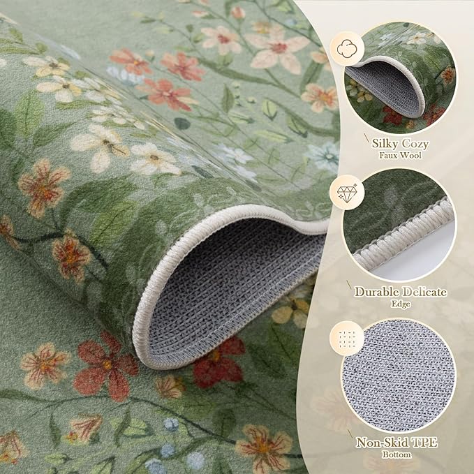 Wonnitar Washable Area Rug 4x6, Green Floral Rugs for Living Room, Non-Slip Large Kitchen Throw Mat, Low-Pile Indoor Botanical Floor Carpet for Girls Bedroom Laundry Entrance (Green,4'x6')