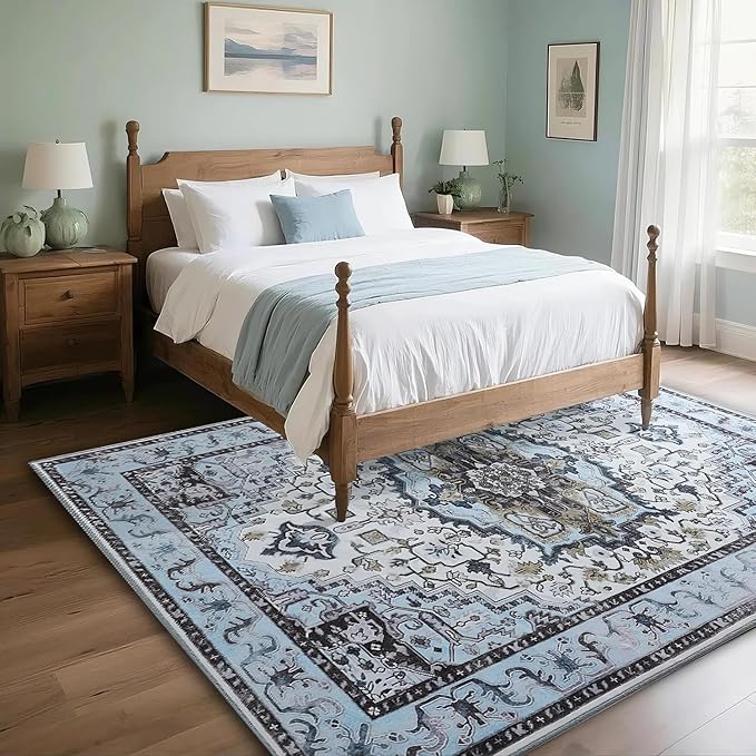 Washable Area Rug 3x5 , Low Pile Super Soft Carpet, Vitnage Distressed Rug for Bedroom, Living Room, Dining Room, Non-Slip, Low Pile, Blue