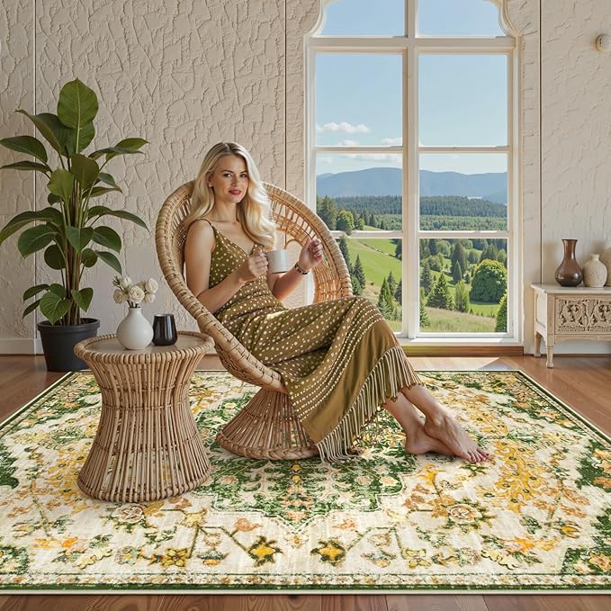 Lahome Bohemian Floral Medallion Area Rug - 4x6 Soft Rugs for Living Room Washable Rugs for Bedroom, Vintage Non Slip Indoor Carpet for Apartment Dining Room Kitchen Foyer RV, Yellow/Green/Multi