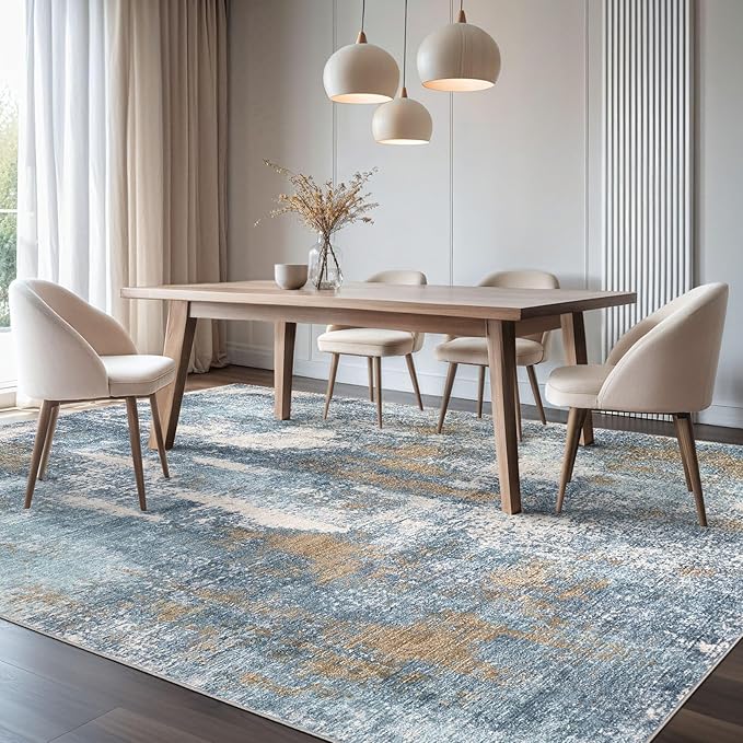 Area Rug Living Room Rugs - 5x7 Washable Soft Indoor Neutral Modern Abstract Low Pile Rug Carpet for Bedroom Dining Room Farmhouse Home Office - Blue Brown