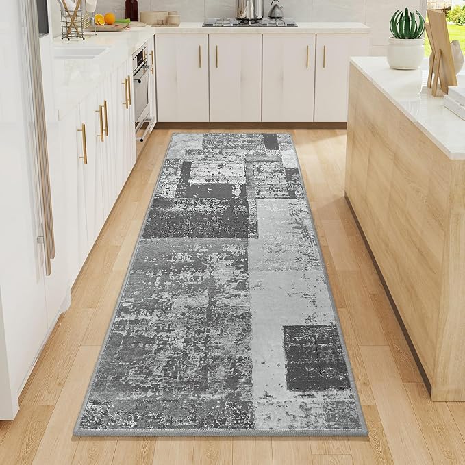 LOCHAS Washable Runner Rugs for Hallway, 2x6 Non Sip Soft Rug for Bedroom Entryway Kitchen Laundry Room, Long Abstract Carpet for Indoor Floor Bedside, Grey Geometric Vintage Decor, Pet & kid Friendly
