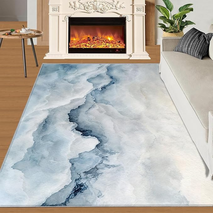 Modern Simple Art Rugs for Bedroom - 4x5 Area Rug - 3D Cloud Marble Rugs for Living Room, Abstract Mist Marble Rug, Washable Home Decor Carpet