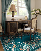 Wonnitar Washable 5x7 Floral Rugs for Living Room, Non-Slip Soft Bedroom Rug, Vintage Low Pile Dining Room Teal Green Area Rug Floor Carpet for Mud Room (Teal Green,5'x7')