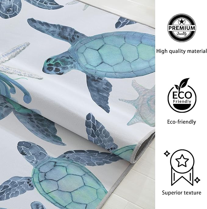 Tritard Coastal Sea Turtles Area Rugs Beach Themed Nautical Non Slip Area Rugs Stain Resistant Washable Accent Rugs Non Shedding Floor Carpet for Living Room Bedroom, Teal, 8x10 Feet