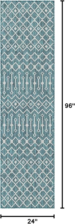 Unique Loom Outdoor Trellis Collection Area Rug - Tribal Trellis (2' x 8' Runner, Teal/ Ivory)