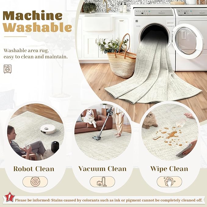 8x10 Area Rugs for Living Room, Washable Large Area Rug Neutral Modern Abstract Bedroom Rug Soft Non Slip Low Pile Stain Resistant Indoor Carpet for Nursery Kids Dining Room Office(Beige, 8'x10')