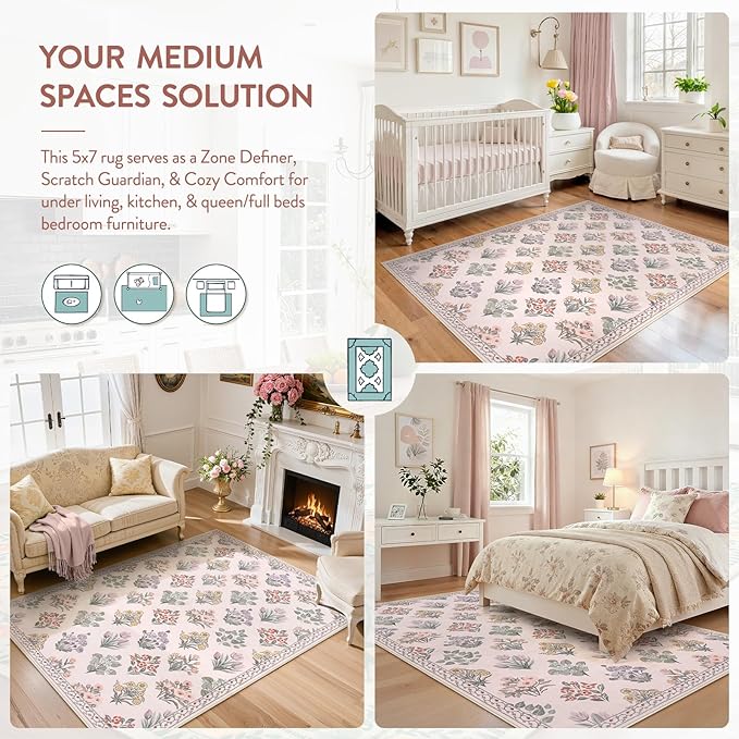 Wonnitar Pink Rugs for Bedroom Girls Nursery, Floral Print 5x7 Washable Rug, Boho Ultra-Thin Non Slip Soft Cozy Carpet for Room Decor Kids Playroom Office Living Room, Pale Pink
