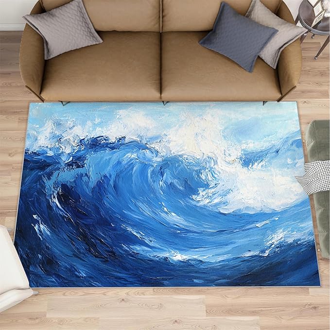 Japanese Ocean Rugs for Bedroom - 5x8 Area Rug - Ukiyo-E Ocean Waves Rugs for Living Room, Abstract Oil Painting Ocean Rug, Washable Home Decor Carpet