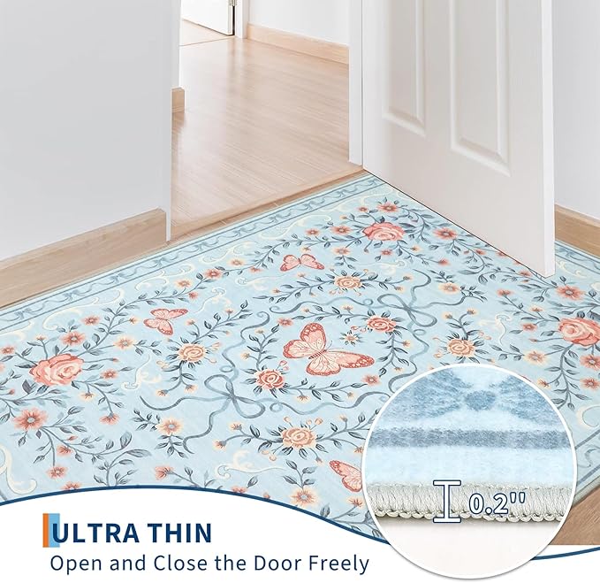 GarveeHome 3x5 Small Area Rug for Bedroom Floral Washable Rugs Non Slip Stain Resistant Living Room Throw Carpet Low Pile Dining Room Blue Area Rug Butterfly Bow Rugs for Nursery Home Decor, 3x5
