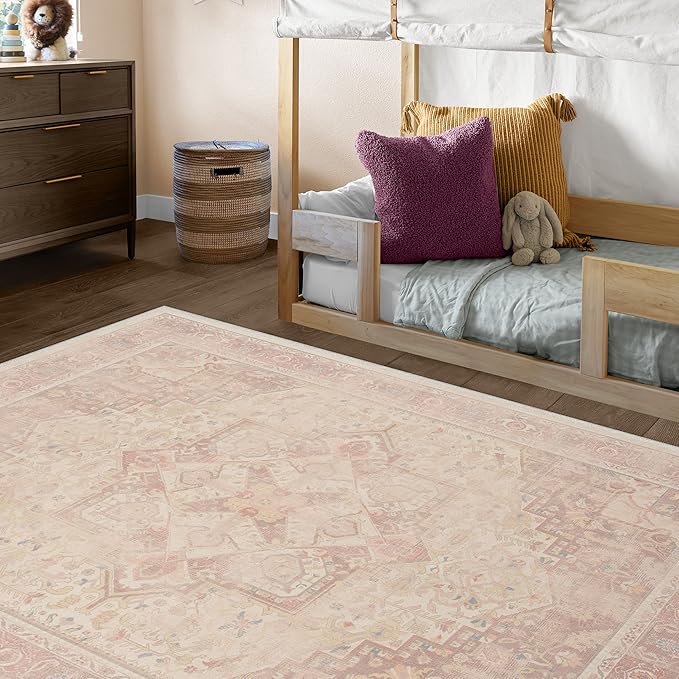 RUGGABLE Washable Area Rug – Kamran Soft Pink 6x9, Stain-Resistant, Non-Slip – Medium Machine Washable Rugs for Living Room, Bedroom, Hallway, Entryway & Office–with Cushioned Pad