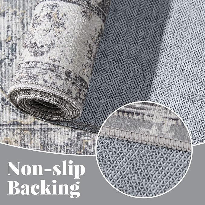 jinchan Fiora Floral 2x3 Rugs for Entryway - Vintage Washable Small Non-Slip Distressed Indoor Doormat Ultra-Thin Low-Pile Accent Rug for Entrance Kitchen Bedroom Bathroom (2x3ft, Grey)