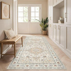 Runner Rug Kitchen Washable Rugs: 3x8 Non-Slip Boho Soft Vintage Stain Resistant Indoor Floor Neutral Farmhouse Throw Carpet for Hallway Bathroom Laundry Room Entryway Bedroom- Cream