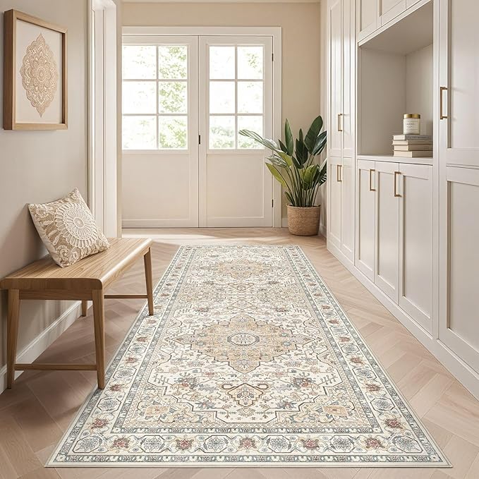 Runner Rug Kitchen Washable Rugs: 3x8 Non-Slip Boho Soft Vintage Stain Resistant Indoor Floor Neutral Farmhouse Throw Carpet for Hallway Bathroom Laundry Room Entryway Bedroom- Cream