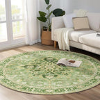 Area Rugs 6ft Washable Non-Slip, Floral Vintage Distress Print Pattern Medallion Carpet for Living Room Bedroom Dining Room, Sage Green Yellow
