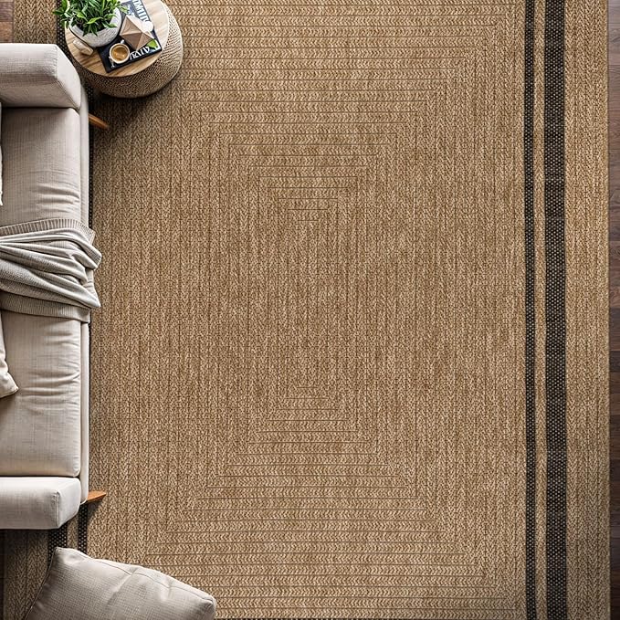 Beverly Rug Easy Jute Bordered Rug 8x10 Washable Durable Indoor Outdoor Area Rugs for Living Dining Room Patio Office Stain Resistant Non Shedding Casual Indoor Outside Carpet 8 x 10 Natural