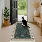 Dark Green Oushak 3x5 Large Entryway Rug - Modern Vintage Boho Eclectic Floral Pastel, Washable Low Pile Non-Slip Area Rugs for Door Mat Indoor Entrance, Kitchen, Bedroom Beside Bed, Laundry
