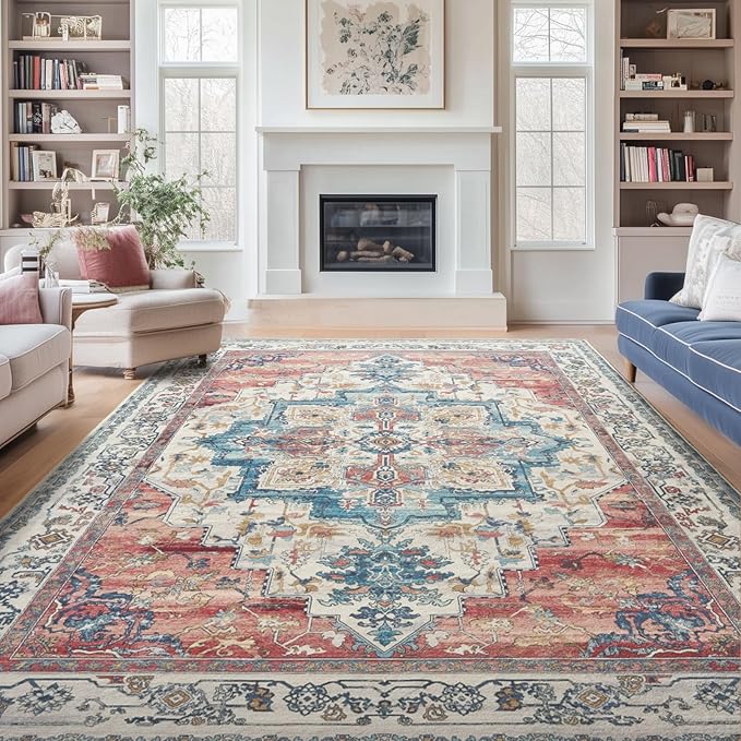 Boho Rugs for Bedroom Girls Playroom, Distressed Medallion Printed 8x10 Rugs for Living Room Kids Room Nursery, Washable Non Slip Low Pile Thin Soft Carpet Rugs Dining Room, Blue/Pale Salmon
