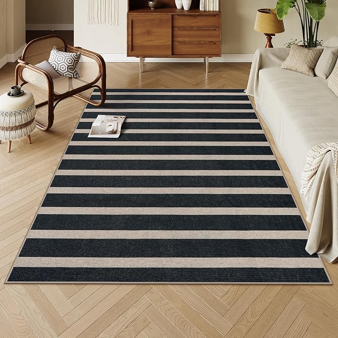 Lahome Striped Easy Jute Indoor Outdoor Rug, Washable Rugs 5x7 for Patio Living Room, Farmhouse Neutral Non Slip Non Shedding Black Carpet for Deck Entryway Dining Room Office Classroom