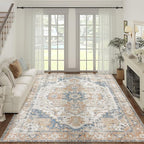 jinchan Kelda Living Room Area Rug 10x12 Washable Rug Vintage Indoor Large Floor Cover Distressed Lightweight Non-Slip Low Pile Thin Mat Stain Resistant Carpet for Bedroom Dining Room Office Orange
