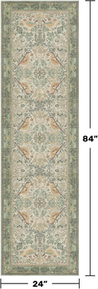 Sage Floral Kitchen Runners - 2x7 Long Runner Rug for Hallway Bathroom Bedroom Beside Bed Entryway, Boho Birds Leaves Patterned Non Slip Low Pile Washable Rugs