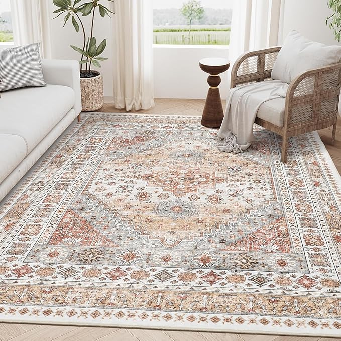 zesthome 4x6 Rug - Stain Resistant Washable Rug, Anti Slip Backing Rugs for Living Room, Foldable Vintage Small Area Rugs(Orange,4'x6')