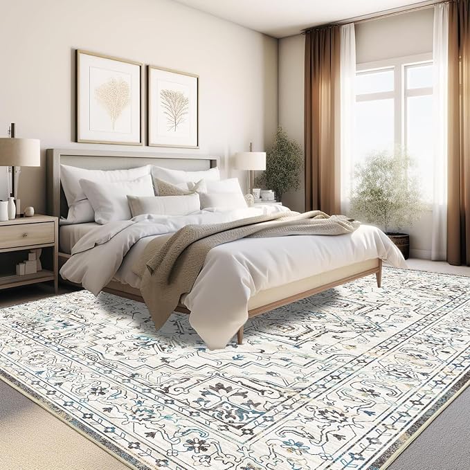 Enkor Area Soft Rugs 9x12 Washable Non Slip Boho Floor Rugs for Living Room Bedroom, Vintage Style Farmhouse Mat for Kitchen Entryway White & Grey