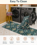 Area Rug 3x5 Rug Machine Washable Non-Slip Low Pile Print Pattern Western Rug for Living Room Bedroom Entryway Tribal Series -Teal/Green