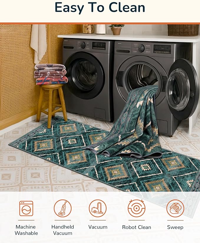 Area Rug 2x10 Rug Machine Washable Non-Slip Low Pile Print Pattern Western Rug for Living Room Bedroom Entryway Tribal Series -Teal/Green