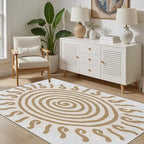 Boho Washable Rugs for Bedroom 6x8, Modern Sun Print Soft Minimalism Area Rug, Non Slip Low Pile Abstract Carpet for Classroom Living Room Decor Dining Room, Beige Yellow