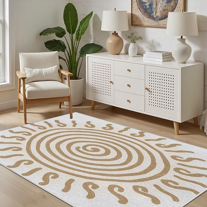 Boho Washable Rugs for Bedroom 3x4, Modern Sun Print Soft Minimalism Area Rug, Non Slip Low Pile Abstract Carpet for Classroom Living Room Decor Dining Room, Beige Yellow