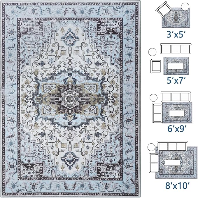 Washable Area Rug 3x5 , Low Pile Super Soft Carpet, Vitnage Distressed Rug for Bedroom, Living Room, Dining Room, Non-Slip, Low Pile, Blue