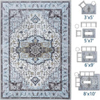 Washable Area Rug 3x5 , Low Pile Super Soft Carpet, Vitnage Distressed Rug for Bedroom, Living Room, Dining Room, Non-Slip, Low Pile, Blue