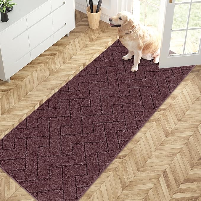 PURRUGS Dirt Trapping Door Mat 32" x 70", Non-Slip Machine Washable Entry Rug, Shoe Scraper, Dog Doormat, Super Absorbent Welcome Mat for Front & Back Door, Muddy Wet Shoes & Paws, Burgundy Red