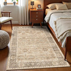 4x6 Washable Area Rug for Living Room Bedroom Dining Room Non-Slip Low Pile Boho Vintage Distressed Entryway Rug Traditional Floral Retro Accent Throw Carpet for Dining Room Bathroom Kitchen Beige