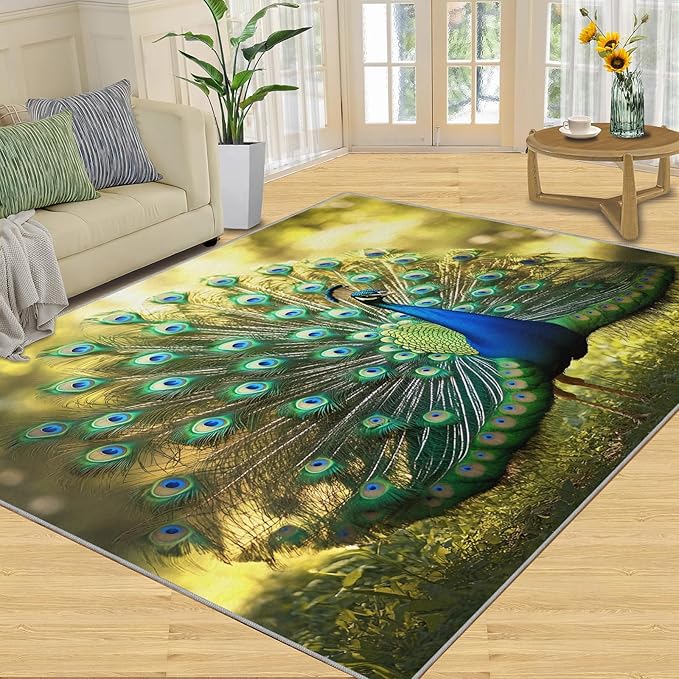 Peacock Rug 3x5-3x5 Rug, Wonderful Peacock Area Rugs for Bedroom, Nature Rugs for Living Room, Modern Style Washable Mat, Aesthetics Carpet - Peafowl Home Decor & Gifts